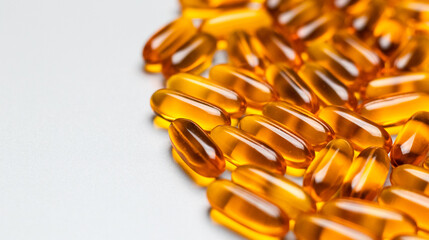 Yellow oval omega-3 capsules on a gray background on the right. Space for text. High quality photo