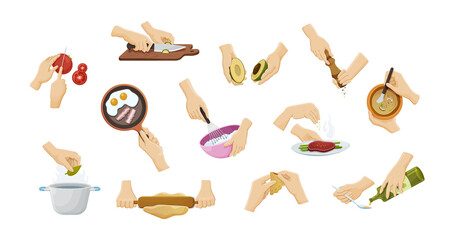 Fototapeta na wymiar Collection human hands preparing food. Cooking utensils, prepare ingredients use cutlery