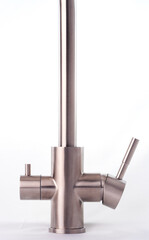 Mixer cold hot water. Modern faucet bathroom. Kitchen tap . Isolated white background. Chrome-plated metal.