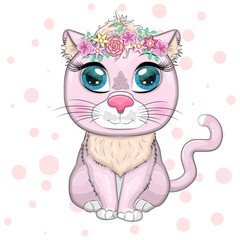 Cute cartoon pink cat, kitten on a background of flowers