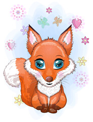 Cute Cartoon Fox with flowers on a white background