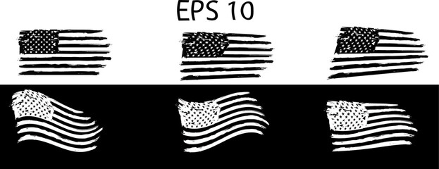 USA Flag set. Distressed American white flag on black background. flag of America, patriot, military flag, emblem, icon, logo, shirt print. Only commercial use
