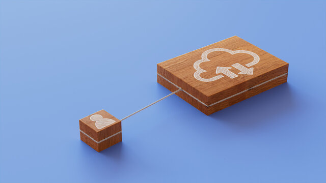 Data storage Technology Concept with cloud Symbol on a Wooden Block. User Network Connections are Represented with White string. Blue background. 3D Render.