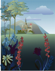 Landscape with a church on the background of mountains and wildflowers in the foreground.
