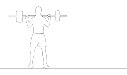 Single continuous line drawing of young strong weightlifter man preparing for barbell workout in gym.