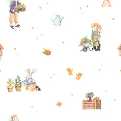 Watercolor cute bunnies seamless pattern. Gardeners with boxes and vegetables. Baby bunny background. Harvest. Garden, plants. Baby characters. Perfect for fabric, textile, invitations, cards, packing