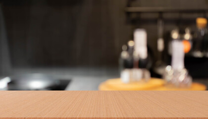 abstract blur inside interior contemporary kitchen loft decoration style with wood plank perspective background for show promote content ,product on display 