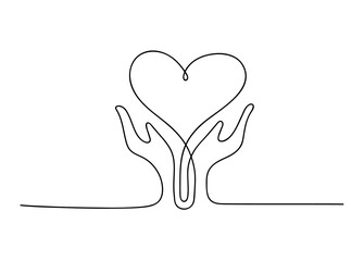 Continuous line heart with hands. Single path drawing. Vector illustration.