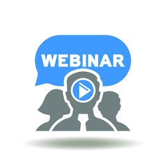 People group with play button and speech bubble webinar vector illustration. Live webinar online education symbol.
