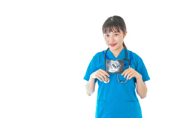 妊婦のエコー画像と笑顔の若いナース