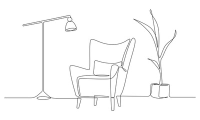 One continuous Line drawing of armchair and lamp and potted plant. Stylish furniture for living room interior in simple linear style. Editable stroke Vector illustration