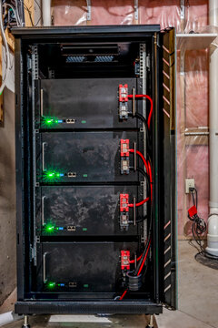 Bank Of Electric Batteries In A Residential House Used For Backup Power Or In Conjunction With Solar Energy Storage