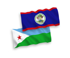 National vector fabric wave flags of Republic of Djibouti and Belize isolated on white background. 1 to 2 proportion.