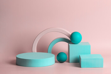 Abstract composition with geometric shapes forms. Exhibition podium, platform for product...