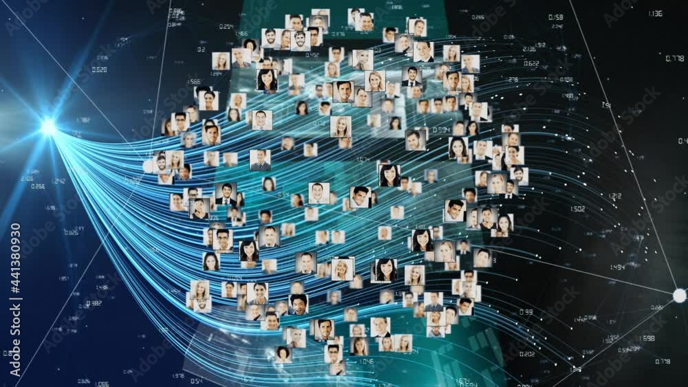 Poster globe of network of profile icons spinning over digital waves and data processing on blue background