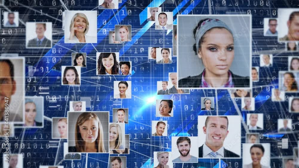 Poster network of profile icons against binary coding data processing on blue background
