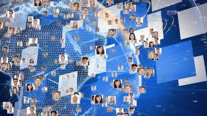 Animation of people portraits rotating around globe with data processing, on blue - Powered by Adobe