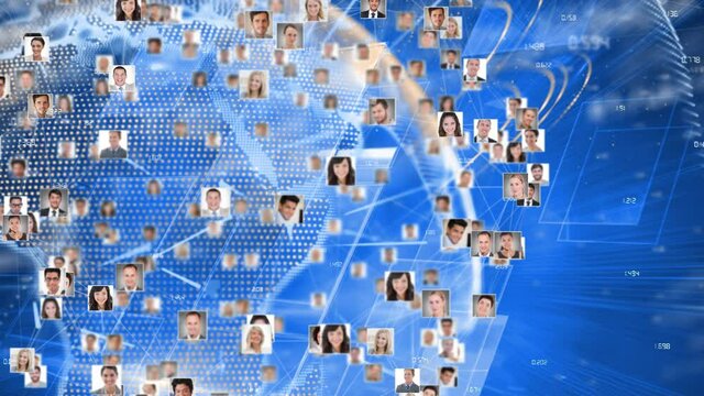 Animation of people portraits rotating around globe with data processing, on blue