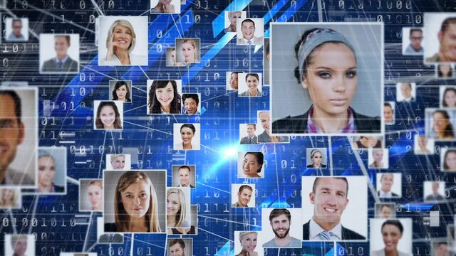 Network of profile icons against binary coding data processing on blue background