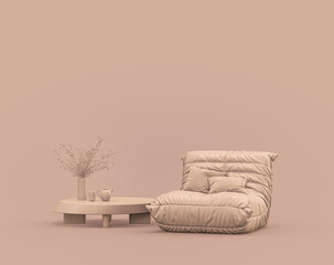 Single armchair and coffee table in monochrome single color rosy brown, pinkish color interior room with empty wall, 3d Rendering