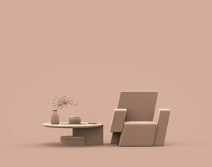 Single armchair and coffee table in monochrome single color rosy brown, pinkish color interior room with empty wall, 3d Rendering