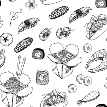 Asian food - vector seamless pattern. Hand drawn illustrations: wok, sashimi, sushi, hand with chinese chopsticks, vegetables, seafood. Perfect for restaurant, menu, cafe, wrapping paper, textile