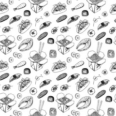 Asian food - vector seamless pattern. Hand drawn illustrations: wok, sashimi, sushi, hand with chinese chopsticks, vegetables, seafood. Perfect for restaurant, menu, cafe, wrapping paper, textile