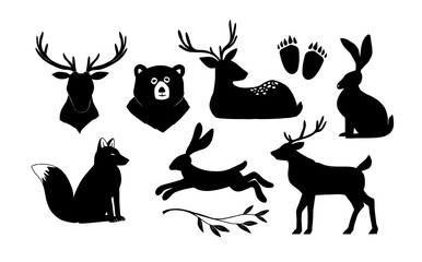 Linear vector collection of silhouette of animals. Wild forest animal (deer, rabbit, bear, fox, animal tracks). Perfect for logo, shops, cards, branding, social media etc