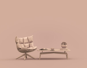 Single armchair and coffee table in monochrome single color rosy brown, pinkish color interior room with empty wall, 3d Rendering