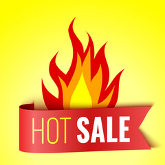 Hot sale banner with fire and red tag. Vector illustration.