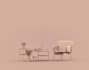 Single armchair and coffee table in monochrome single color rosy brown, pinkish color interior room with empty wall, 3d Rendering