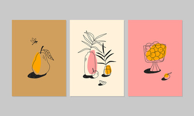 Modern aesthetic posters with hand drawn black ink drawings. Set of summer illustrations. Can be used for interior decor, wall art, tote bag, t-shirt print.