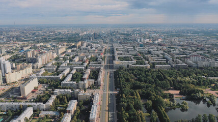Aerial view of the center of a typical European city with high-rise buildings