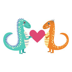 You are loved - cute colorful vector doodle with dinosaurs and hand lettering. Hand drawn dinosaurs in love.