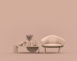 Single armchair and coffee table in monochrome single color rosy brown, pinkish color interior room with empty wall, 3d Rendering