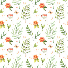 Watercolor floral seamless pattern with field flowers, leaves, butterfly, fern. Botanical background with polka dots and greenery. Perfect for fabric, packages, wrapping paper, textile, cards