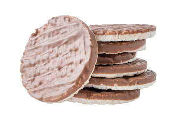Stack of rice crispbreads with chocolate isolated on white. Healthy puffed crunchy round rice cakes...