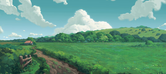 Green Field, Day sky clouds Anime Background - obrazy, fototapety, plakaty