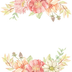 Watercolor floral frame with gentle field flowers, leaves, eucalyptus, branches. Botanical border with Ranunculus, lilies, gerberas. Perfect for wedding invitations, packages, cards, save the date