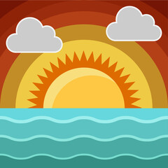 The sun rises over the sea. Nature. Flat design.