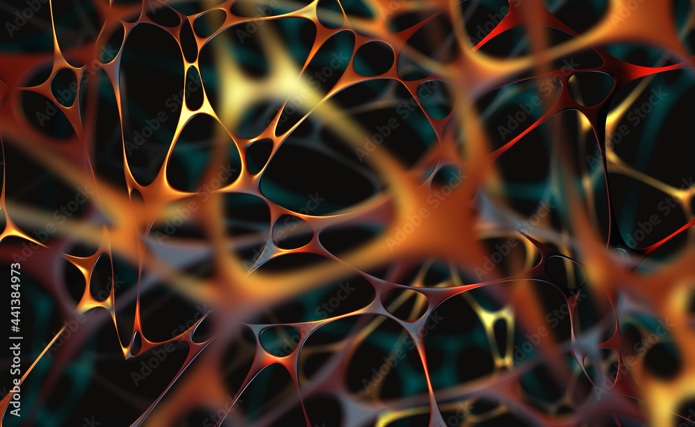Poster Brain and Mind. Big data analysis. Artificial intelligence framework developed by a neural network. 3d illustration of nerve tissue and electrical impulses between neurons