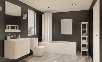 Clean and fresh bathroom with natural light. 3D rendering.