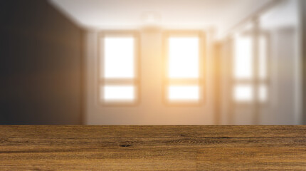 Background with empty wooden table. Flooring. Open space office interior with like conference room. Mockup. 3D