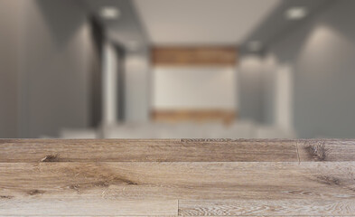 Background with empty wooden table. Flooring. Elegant office interior. Mixed media. 3D rendering.