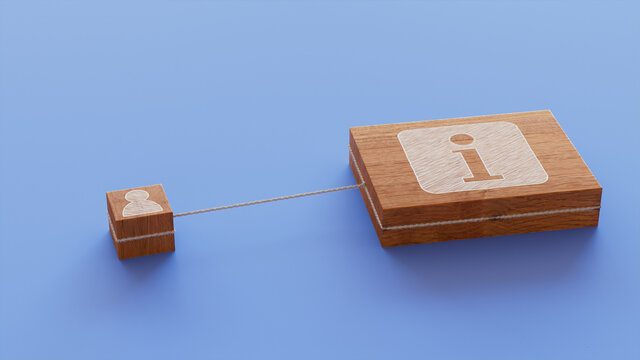 Information Technology Concept with info Symbol on a Wooden Block. User Network Connections are Represented with White string. Blue background. 3D Render.