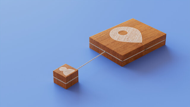 Location Technology Concept with map pin Symbol on a Wooden Block. User Network Connections are Represented with White string. Blue background. 3D Render.