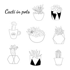 Set of hand drawn cacti and succulents. Collection of plants in pots. Spiny desert plants, cactus flowers and tropical plants. Hand-drawn illustration in a sketch style.