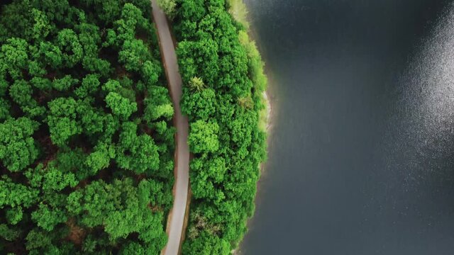 Drone shot from a paved road in the middle of the nature. Next to a lake and a forest at the same time. Water and land meeting each other.