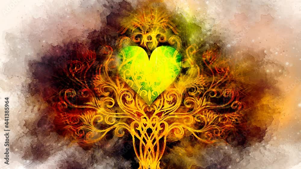 Poster tree of life symbol on structured ornamental background with heart shape, flower of life pattern, yggdrasil.