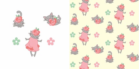 Pretty cat with flowers, kids pattern for textile, cute animal, vector